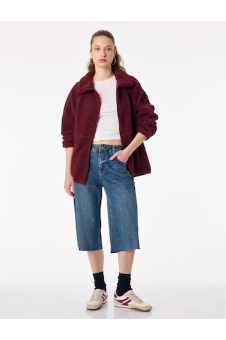Koton Uzun Kollu Dik Yaka Cep Detaylı Fermuarlı Oversize Peluş Ceket Bordo 6wmg60028ık