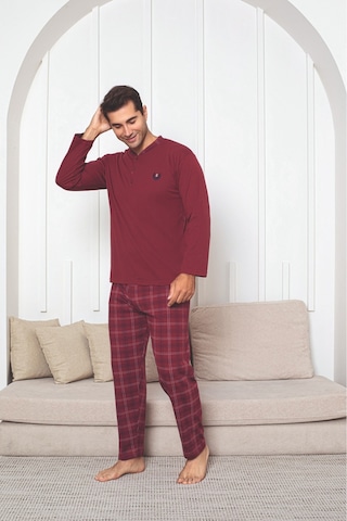 Sude Homewear Erkek Ekoseli Uzun Kollu Pijama Takımı Bordo - Siyah