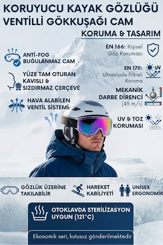 Gökkuşağı Kayak Gözlüğü Offroad Antifog Ventilli Korumalı - Aynalı Cam Snowboard Güneş Kar Gözlüğü, Buğu Yapmaz Motor Kros Sporcu Gözlükleri, Erkek Kadın Uv400 Kış Sporu Ski Glasses, Renkli Cam Çok Renkli Çok Renkli