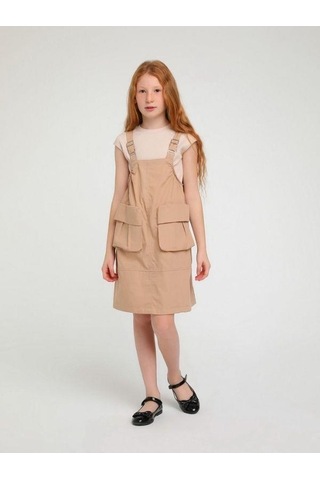 Kız Çocuk Büyük Cepli Askılı Salopet-14133 Camel