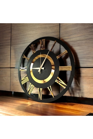 Siyah Ve Ceviz Renk Gold Sayılı Hediyelik Ahşap Dekoratif Farklı Desenli Ev Duvar Saati 50cm Ceviz