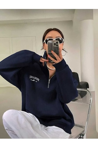 Kozia Outdoors Malkoçbey Nebraska Baskılı Dik Yakalı Fermuarlı Oversize Unisex Sweatshirt Lacivert Lacivert