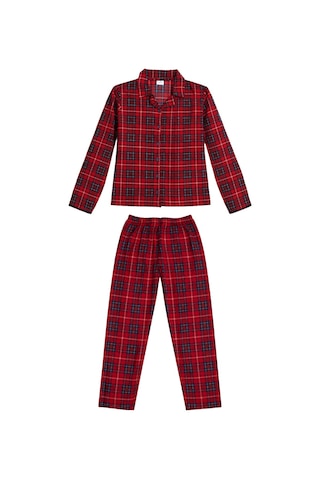 Erdenay Tekstil İpeksi Dokulu Süet Kadın Pijama Takımı Kırmızı Ekoseli Kırmızı