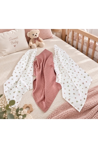 Sallhome Baby 3'lü Müslin Bebek Örtüsü Seti Çiçek Desenli & Gül Kurusu %100 Pamuk