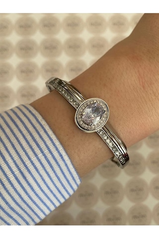 Pinery Jewels İri Taşlı Gümüş Modern Paslanmaz Çelik Kelepçe Bileklik Günlük Ve Altın