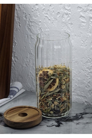 Timber Cam Kavanoz - Çizgili Saklama Kavanozu - Ahşap Kapaklı, 950 Ml