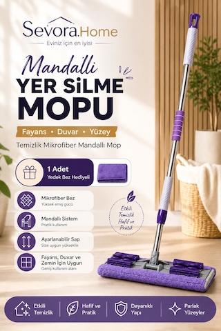 1 Adet Yedek Bez Hediyeli Yer Mopu Fayans Duvar Yüzey Temizlik Mikrofiber Mandallı Mop Mor