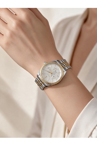 Lee Cooper Altın/metalik Çelik Bilezik 34 Mm Yuvarlak Kadın Kol Saati, Taşlı Bileklik Hediyeli Gold
