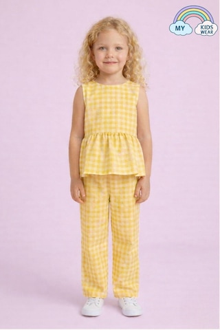 My Kids Wear Kız Çocuk Pötikareli Peplum Bluz Ve Pantolon Takımı 12690 Sarı