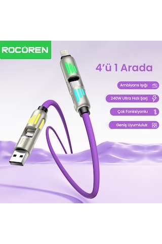 Rocoren 240w 4'ü 1 Arada Type-c / Usb-a / Lightning Mor Silikon Şarj Ve Data Kablosu 1.2 Metre