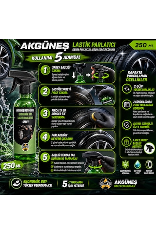 Akgüneş Motogaraj Lastik Parlatıcı Uv Korumalı, Kayma Yapmayan Profesyonel Lastik Bakım Ürünü 250ml