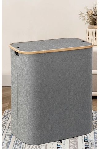 Bambu Çerçeveli 150 Litre Kapaklı Katlanabilir Çamaşır Sepeti, 2 Bölmeli Kirli Sepeti 70 X 57 X 37 Gri