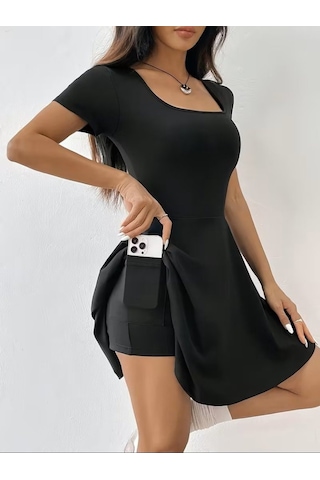 Efnaz Style Kadın Kısa Kollu Kare Yakalı Cep Detaylı Dalgıç Elbise Tulum Siyah