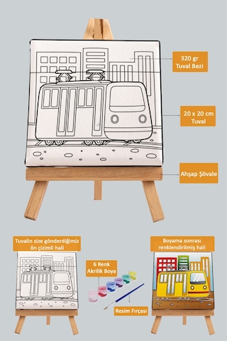Sevimli Sarı Tramvay Çocuk Eğitici Tuval Boyama Hobi Seti