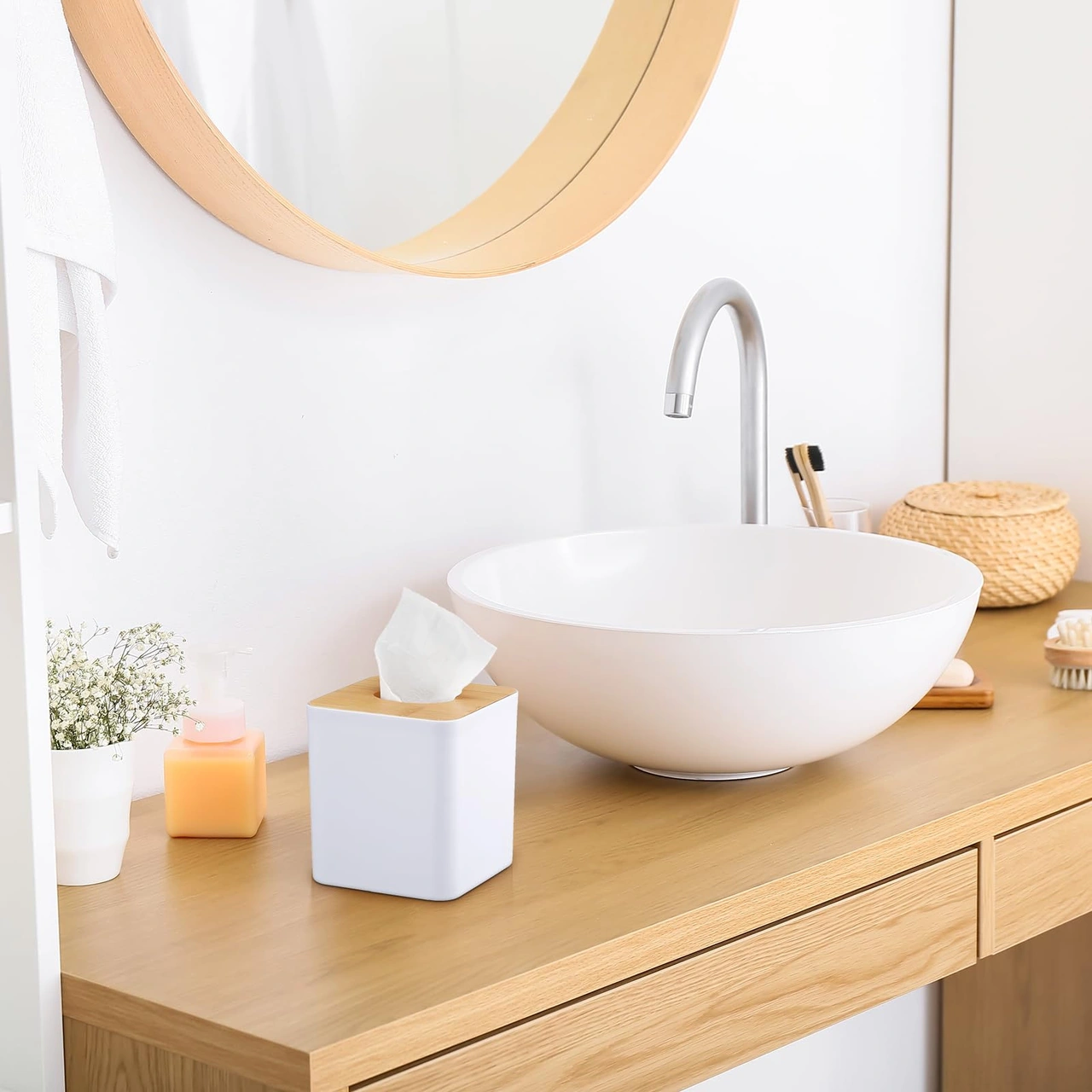 Xindoker Beyaz Bambü Havlu Kutusu Kapağı Kare 2 Adet - Banyo, Yatak Odası, Ofis İçin Elegant Organizer Beyaz