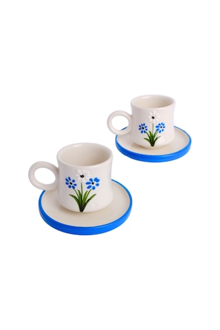 2 Li Takım Mavi Papatya Desenli, El Yapımı Kazan Seramik Kahve Fincanı, Kahve Fincanı, Hand Made Beyaz
