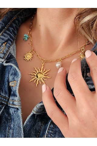 Güneş İnci Firuze Taş Model Charmlı Yaz Beach Plaj Tatil Kolye 46cm Gold