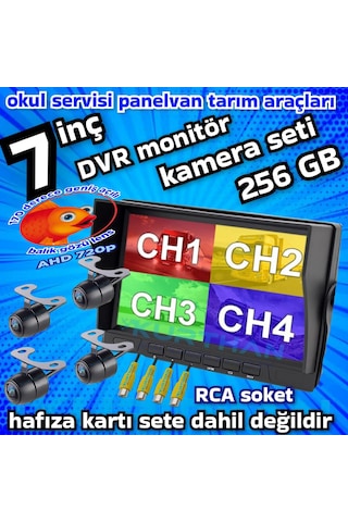 4 Adet Ledsiz Ahd 720p Balık Gözü Lens Kelebek Kamera 7 İnç Qled Hybrid Dvr Monitör 12 Volt 256 Gb