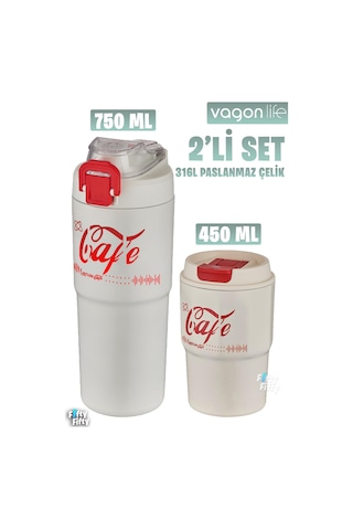 Vagonlife 2'li Çelik Termos-kahve Bardağı Seti 750ml Çift Kullanım Termos//450ml Mug Kahve Bardağı Beyaz