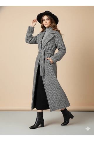 Balıksırtı/Chevron Desenli Yün Palto Kuşak Bağlama Detaylı Uzun Kaban Gri Kışlık Gri