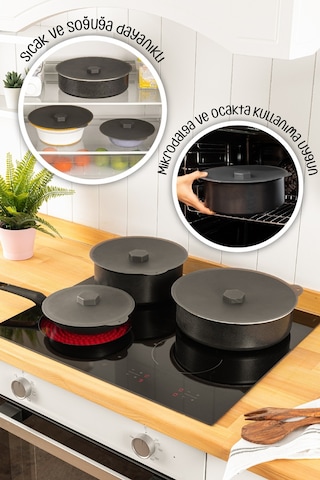 Vienev Silikon Tencere Isı Koruyucu Tava Kapağı Antrasit 3'lü