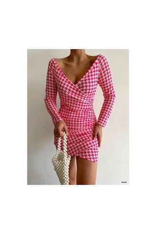 Angbutik Kadın Modern Tasarım V Yaka Standart Kol Elbise Pembe