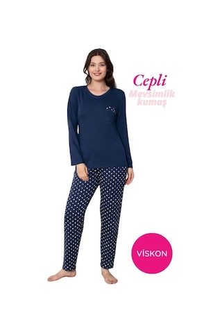 Kadın Bisiklet Yaka Düğmesiz Dökümlü Viskon Mevsimlik Uzun Kol Cepli Pijama Takımı Lacivert