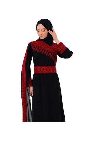 Zaytoon Eğimli Omuz Uzun Ve Açık Kollu Filistin Nakışlı Elbise M-3xl C100050 Siyah