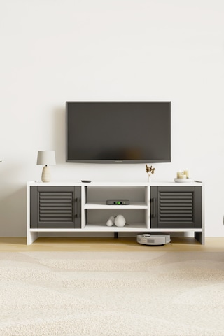 Molde Retro Tv Sehpası Mdf Membran Kapaklı Raflı Tv Ünitesi Televizyon Sehpası Beyaz - Antrasit