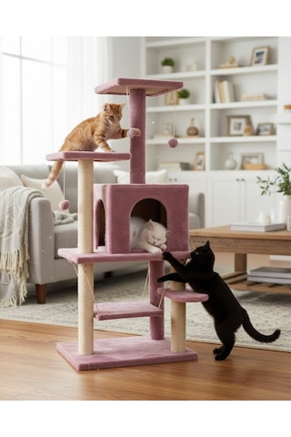 Reyo Pet Y01 Salıncaklı Yuvalı Lüx Kedi Tırmalama Oyun Evi Gül Kurusu
