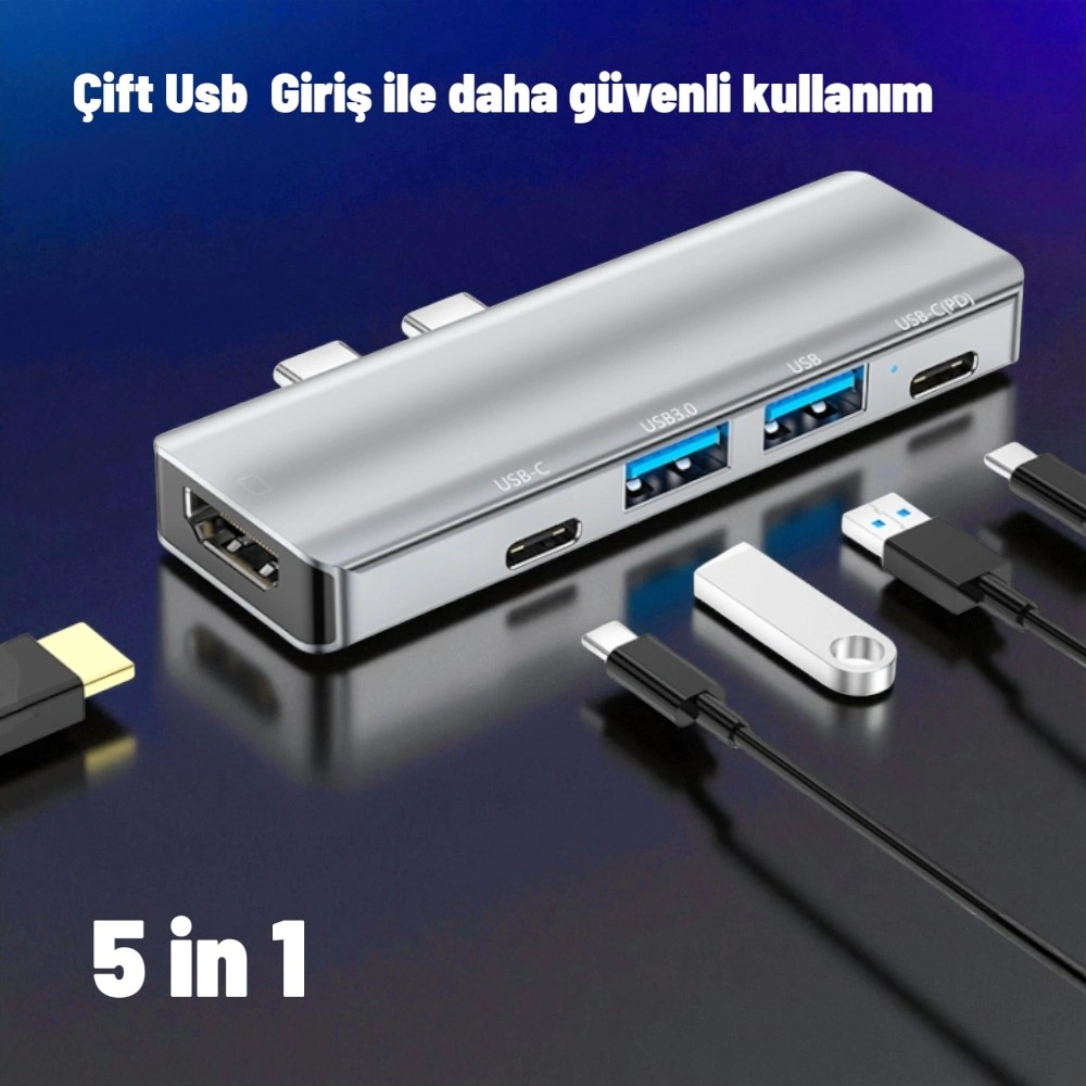 Technow Yg-2102 5 İn 1 Çift Usb-c / Type-c-usb Hub Çevirici Adaptör