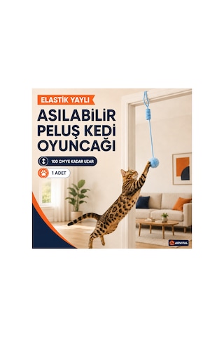 Elastik Yaylı Asılabilir Peluş Ponpon Kedi Oyuncağı 100 Cm