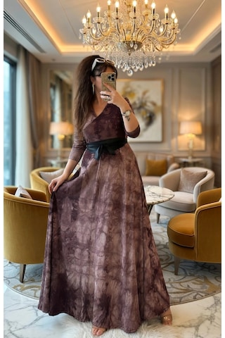 Azra Butik Tam Boy Kahve Dalga Desen Elbise