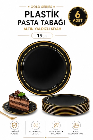 Porselen Görünümlü Altın Yaldızlı Plastik Tabak Siyah 19 Cm 6'lı