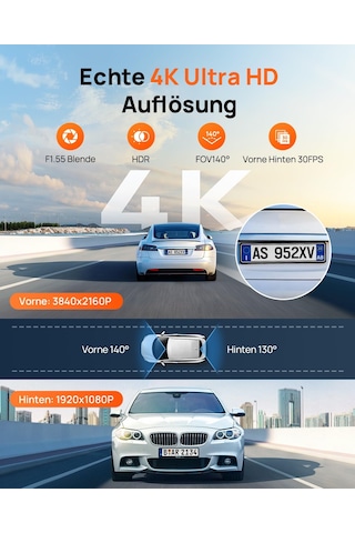 70mai A800se Dashcam Araç Ön Arka 4k Hdr 2160p+1080p, Çift Araç Kamerası 3" Ips, F1.55 Açıklıklı Gece Görüşü, 210s Buffer Acil Durum Ön Kayıt, Park İzleme Micro Sd Kart Dahil Değil