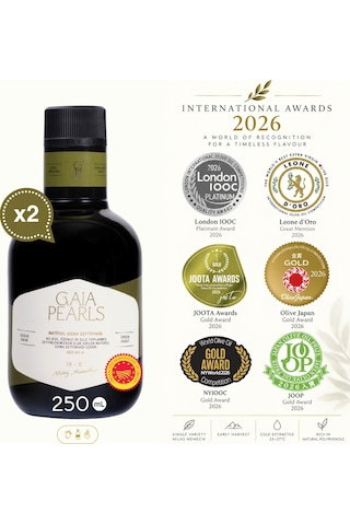 Gaia Pearls İkili Set Yeşil Seri 250 Ml X2 Avrupa Birliği Coğrafi İşaretli Milas Memecik Erken Hasat Soğuk Sıkım Zeytinyağı Dengeli Meyvemsi