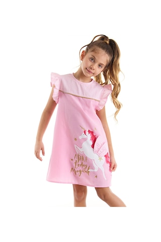 Denokids Mshb&g Kanatlı Unicorn Kız Ekose Pembe Elbise Pembe