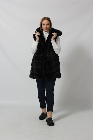 Moda Berray Etekten Kısalabilen Kapüşonlu Lüks Suni Kürk Yelek Siyah