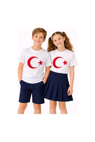 Türk Bayraklı Kız Erkek Çocuk Penye Tshirt Bgl-st05507 Beyaz