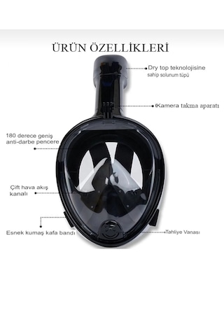 Shufa S/m Beden Siyah Dalış Maskesi Tam Yüz Full Face Şnorkel Ant
