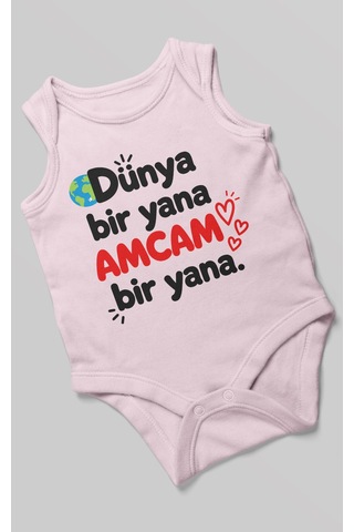 Morivokids Dünya Bir Yana, Amcam Bir Yana Sıfır Kollu Bebek Zıbını %100 Pamuk Bebe Pembe