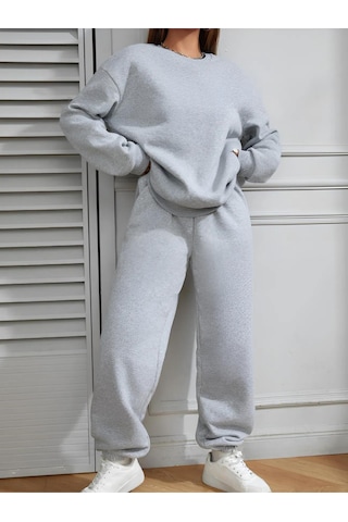 Düz Kalın Kışlık Eşofman Takımı - Gri Sweatshirt Jogger Oversize Sıfır Yaka Gri