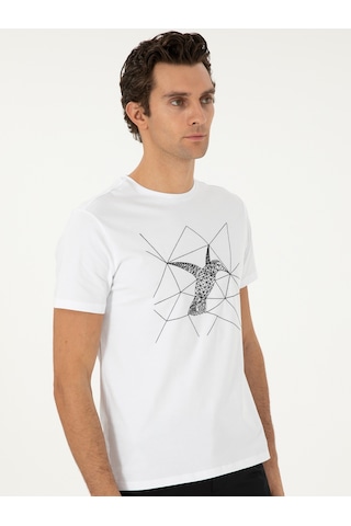 Beyaz Slim Fit Bisiklet Yaka Desenli T-shirt