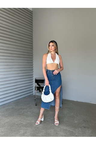 Shevega Kadın Mavi Uzun Ön Parçali Asimetrik Kot Etek Mavi