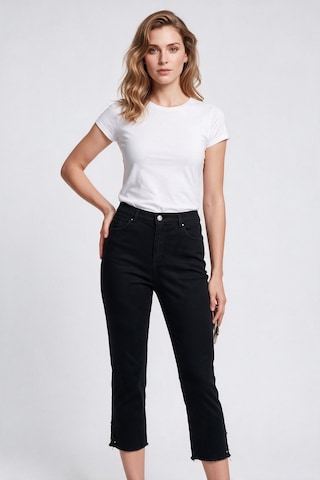 Seleste Kadın Yüksek Bel Düz Kesim Püsküllü Paça Crop Denim Pantolon Siyah