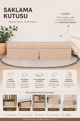 3'lü Set Mega Plus Hurç - Çok Amaçlı Organizer Kapaklı Saklama Kutusu 70x40x30cm Bej