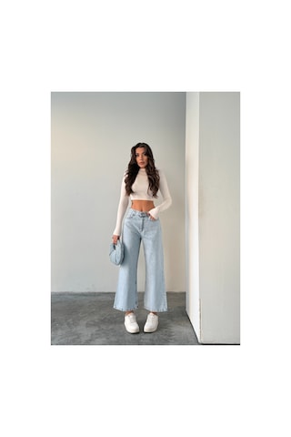 Blue Marlın Buz Kar Yüksek Bel Bilek Boy Kot Bol Paça Jeans Buz Kar