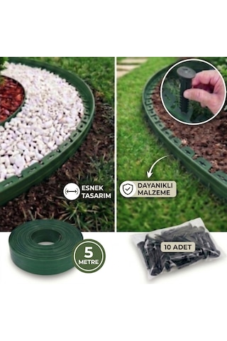 Esnek Çim Sınırlayıcı 5 Metre Çim Ayracı Bahçe Bordürü + 10 Sabitleme Çivisi Yeşil