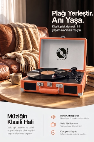 Kensa Bluetooth Lu Nostaljik Çantalı Pikap 33/45/78 Devir Dahili Bataryalı Plak Çalar ...