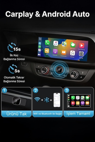 Kablosuz Android Auto Ve Carplay Adaptörü Apple Ve Android Cihazlar İle Uyumlu 10"